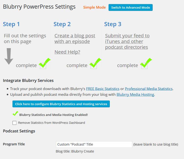PowerPress's Simple Mode will walk you through setting up your podcast in 3 easy steps.
