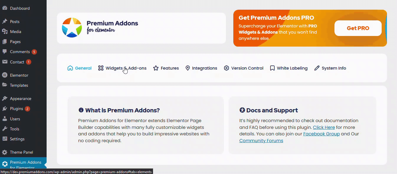 Premium Addons Dashboard Tab