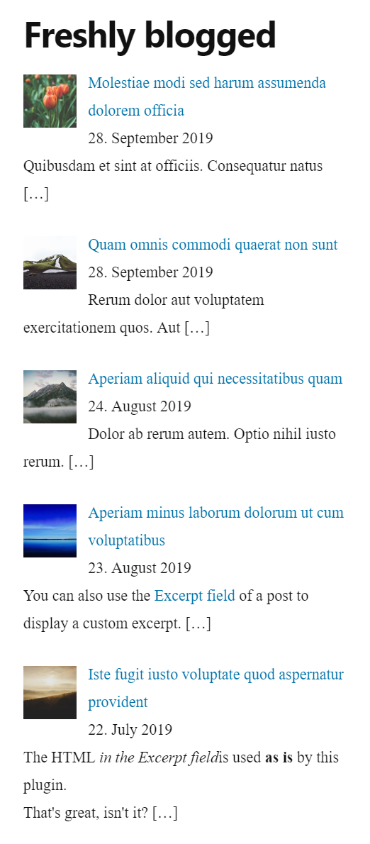 The first screenshot shows the widget in the sidebar with five teasers of current posts. Each list item shows the title, image, date, assigned categories and excerpt of a post.