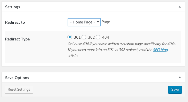 Redirect 404 Error Page Admin Page Screenshot