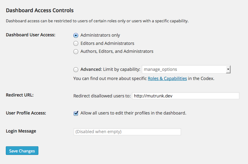 The Dashboard Access Controls settings in the Settings &gt; Dashboard Access screen.
