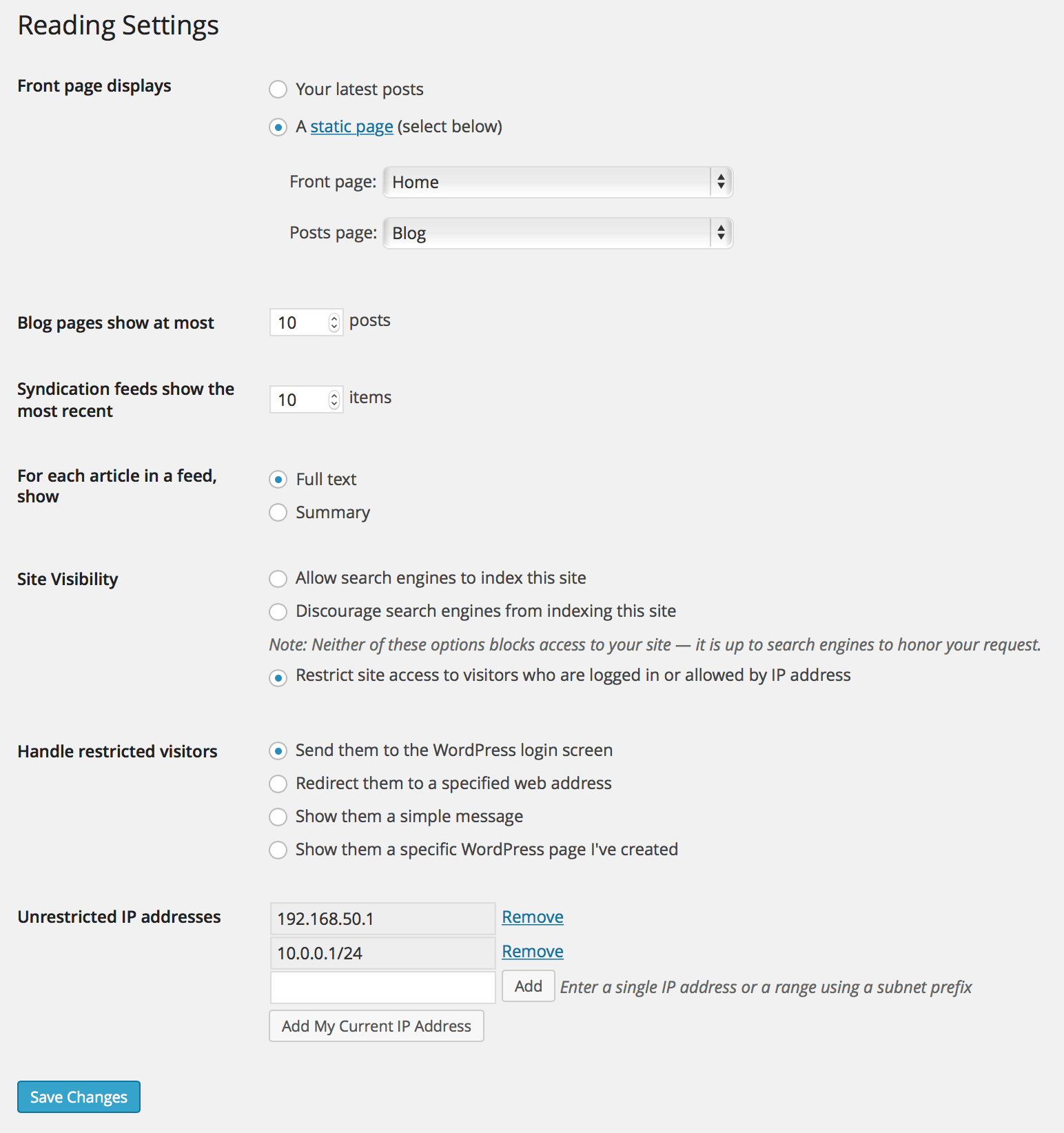 Screenshot of settings panel with simple Restricted Site Access option (send to login page).