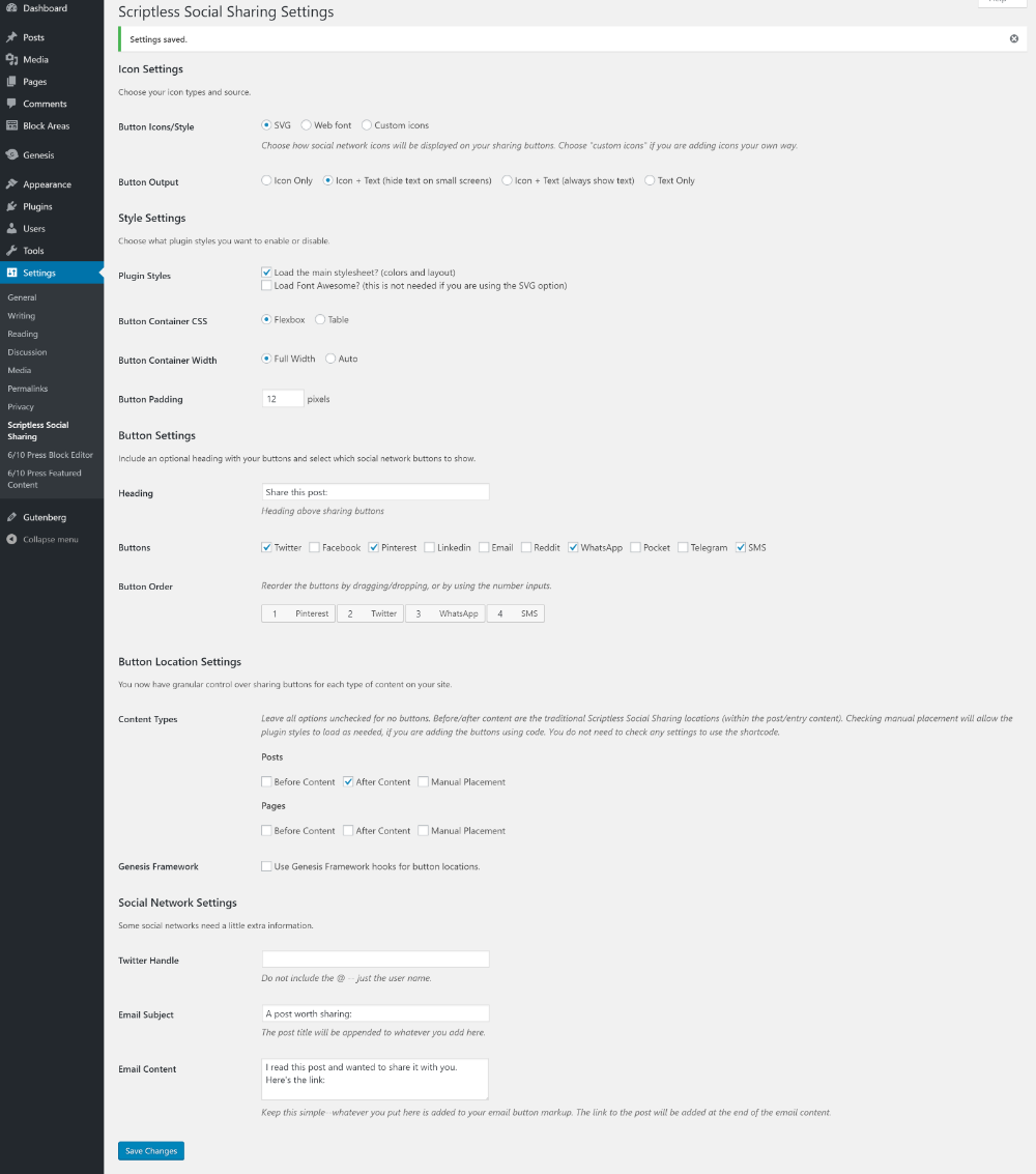 Screenshot of the plugin settings in Settings &gt; Scriptless Social Sharing.