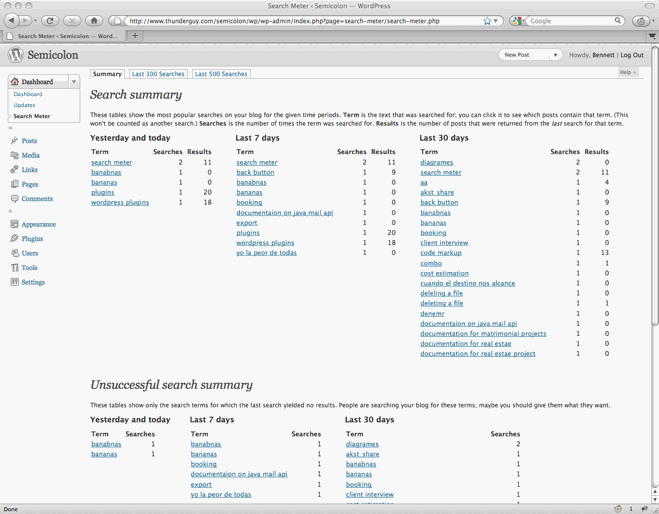 The Search Meter administration interface, showing some of the reports available.
