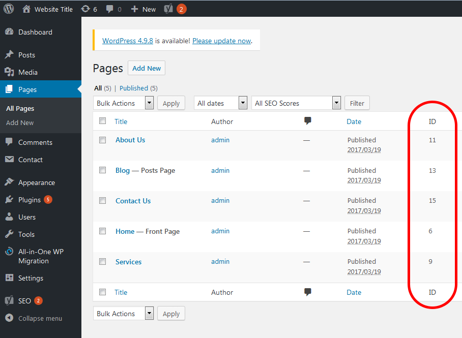 Showing the page id number on pages page
