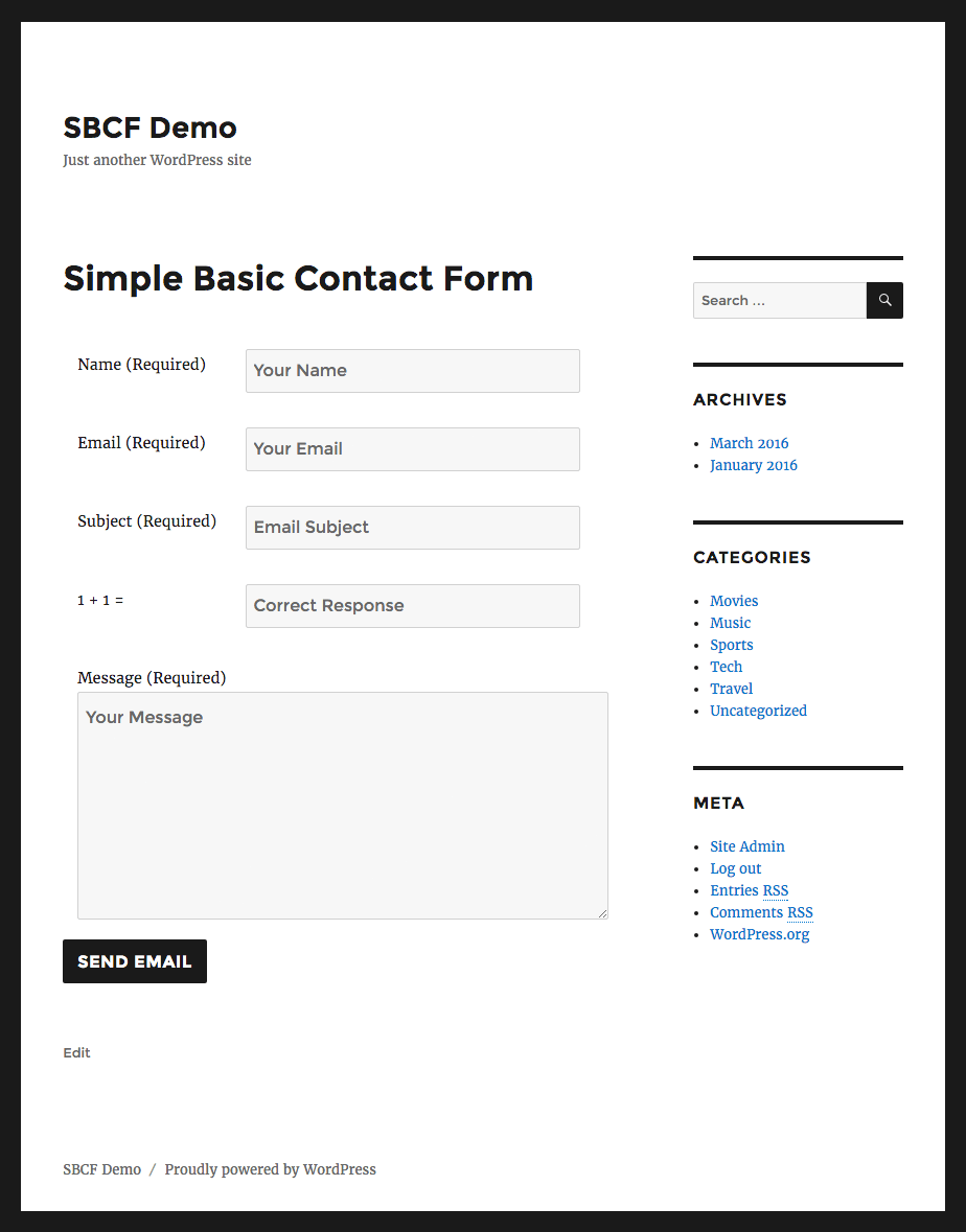 Simple Basic Contact Form: Displayed on WP Twenty Sixteen theme