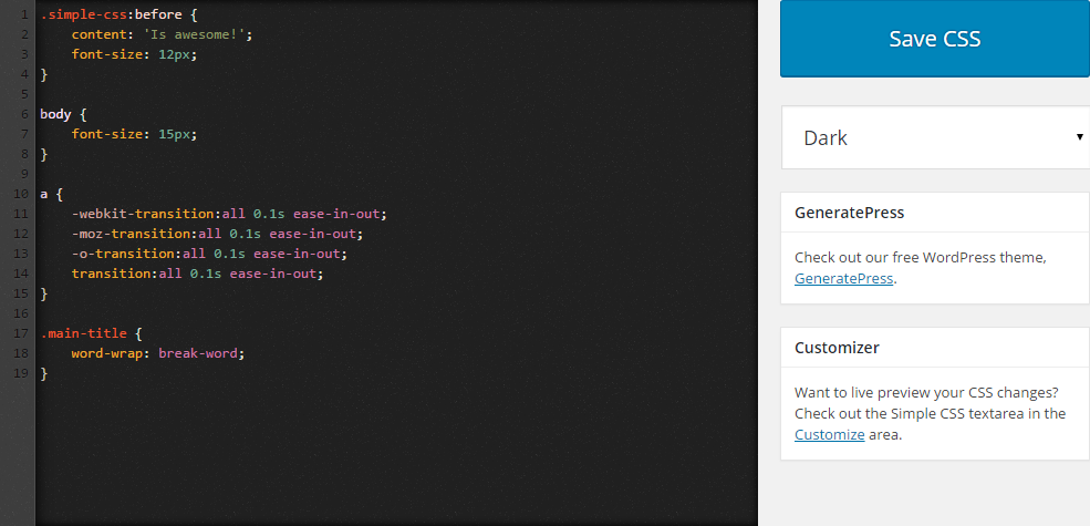 The dark theme of the CSS editor.