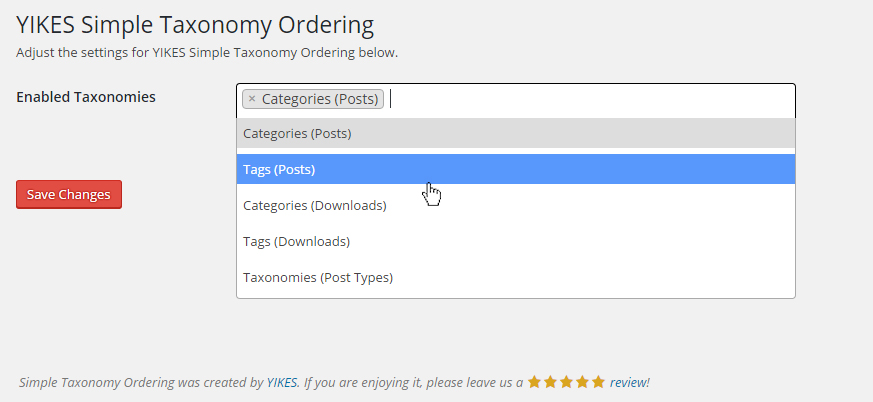 Simple Taxonomy Ordering settings page, allows you to specify which taxonomy you want to enable drag &amp; drop ordering on.