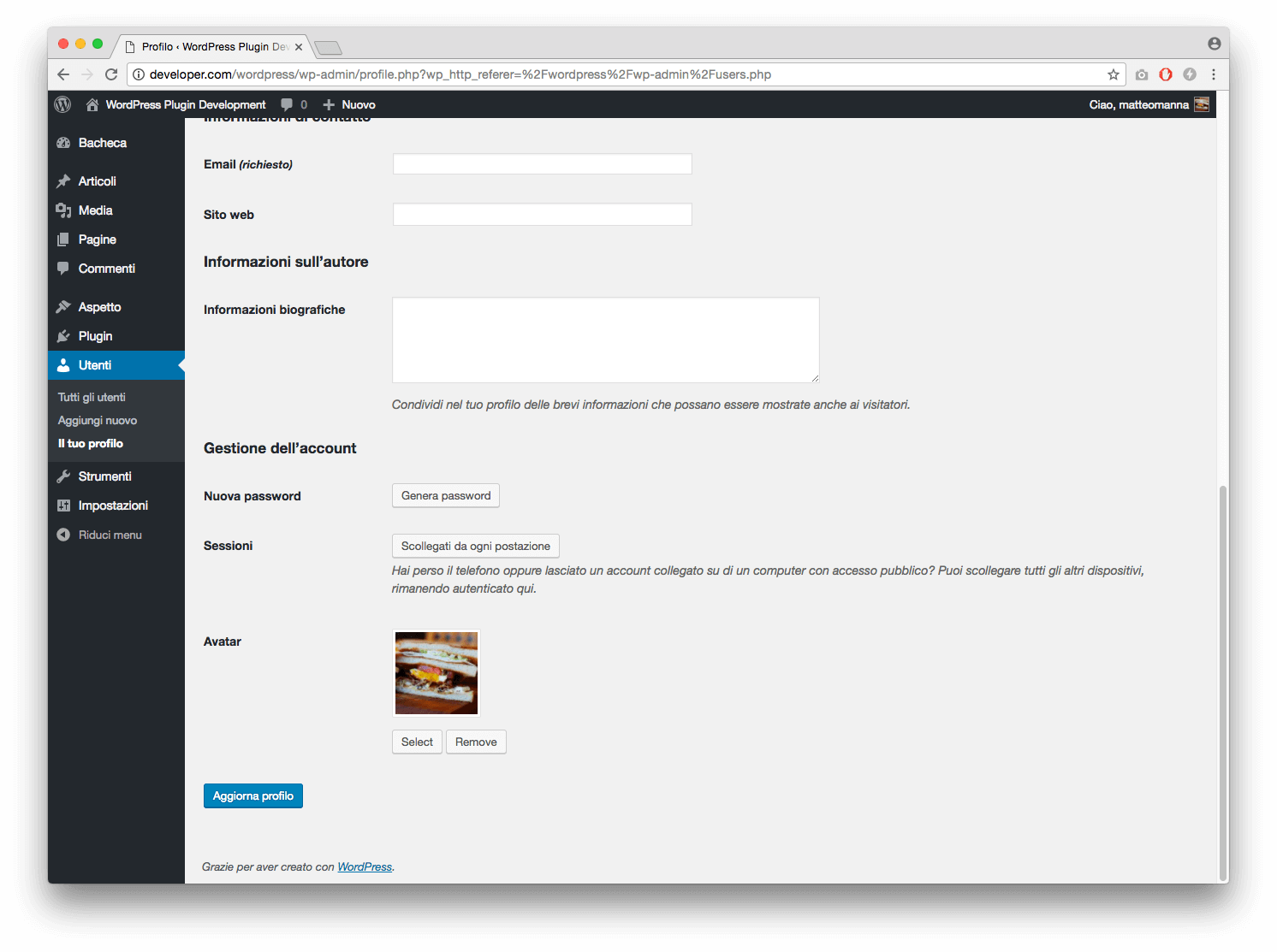 Sample view of the new option in the user page.