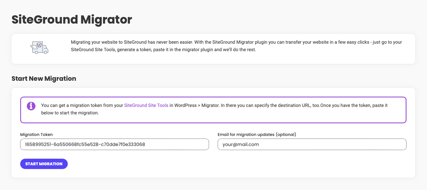 Starting the transfer - paste your Migration Token and select notification email if you want