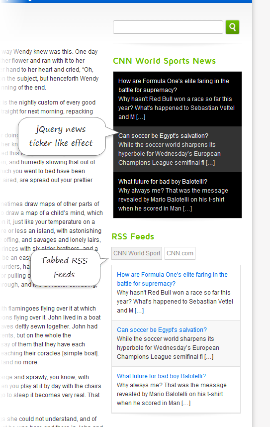 Super RSS Reader widgets shown in the sidebar, having a ticker effect and in tabbed mode.