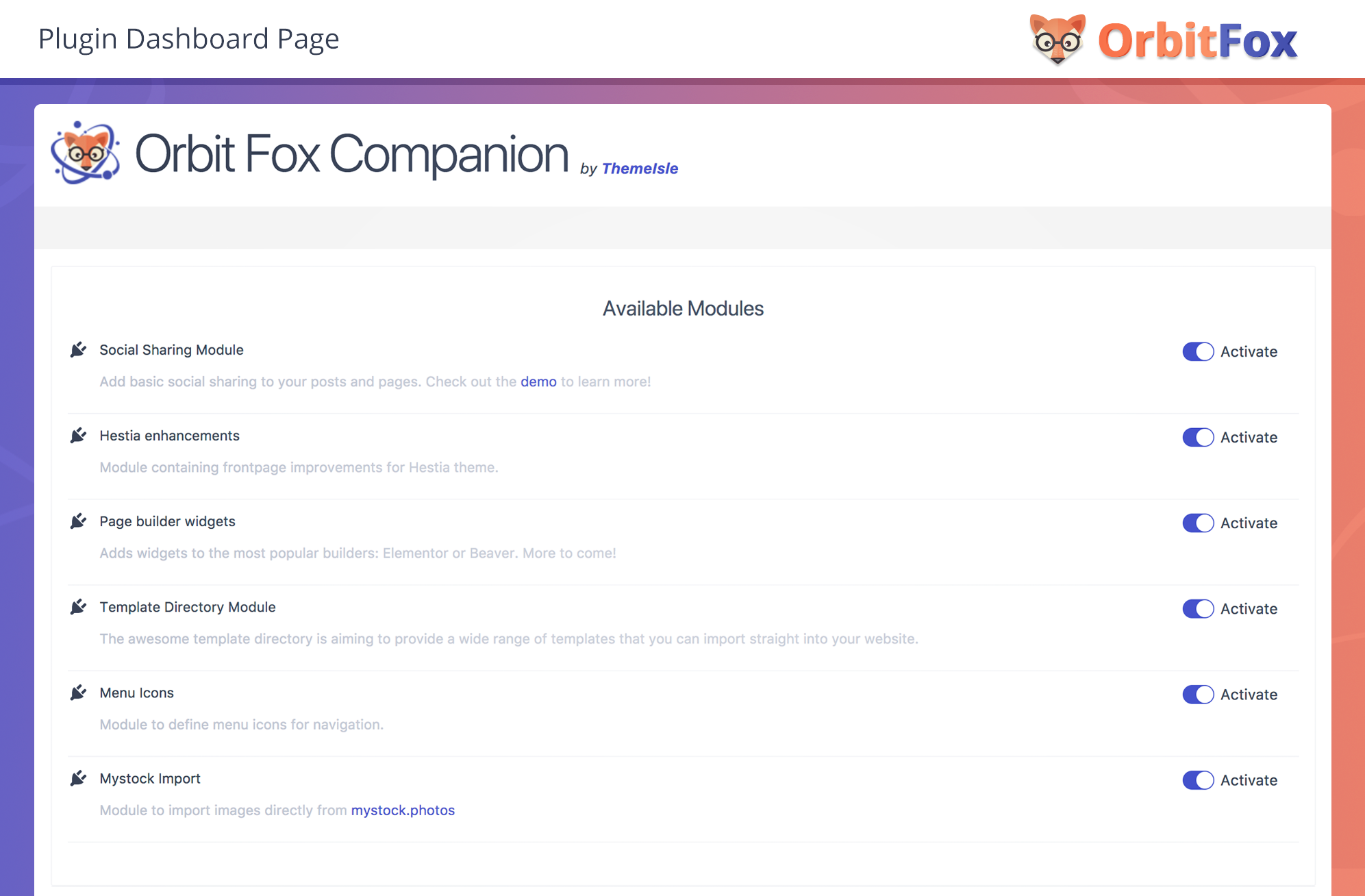 The OrbitFox Dashboard Page