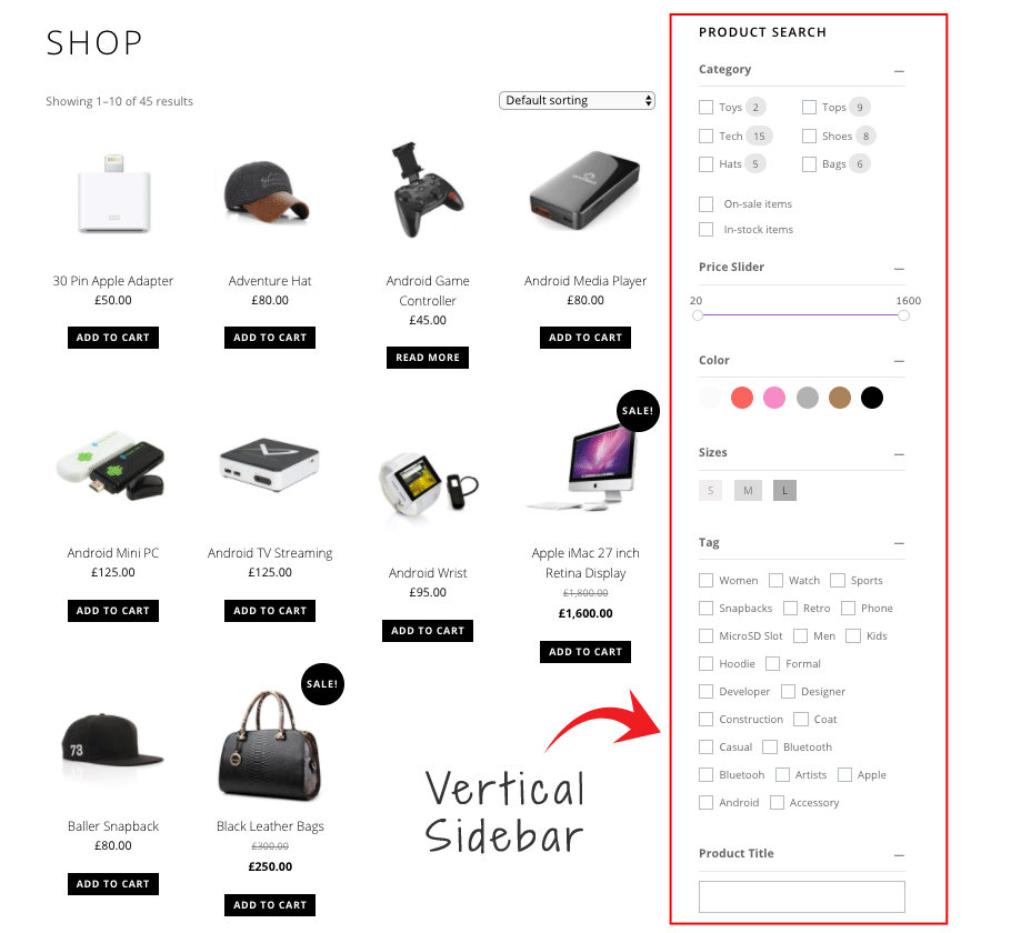 Product Filter form displayed in the sidebar
