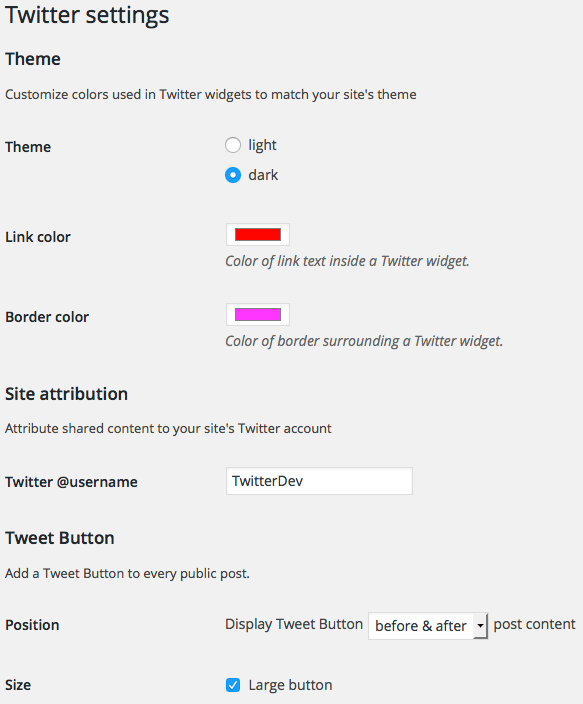 Settings screen. Customize Tweet and Timeline color schemes including background, text colors, and borders. Attribute site content to a Twitter account. Automatically include Tweet buttons alongside your post content.