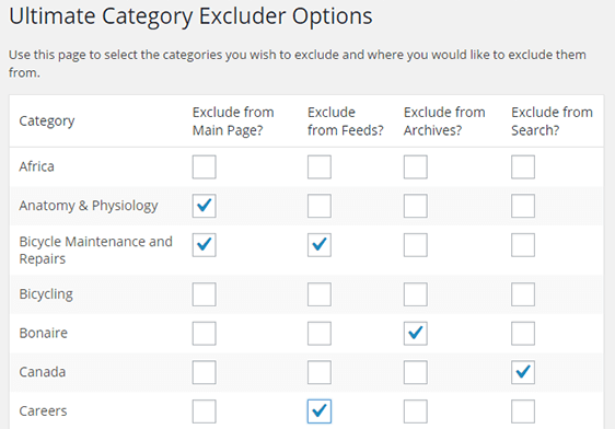 Check the categories you want to exclude.