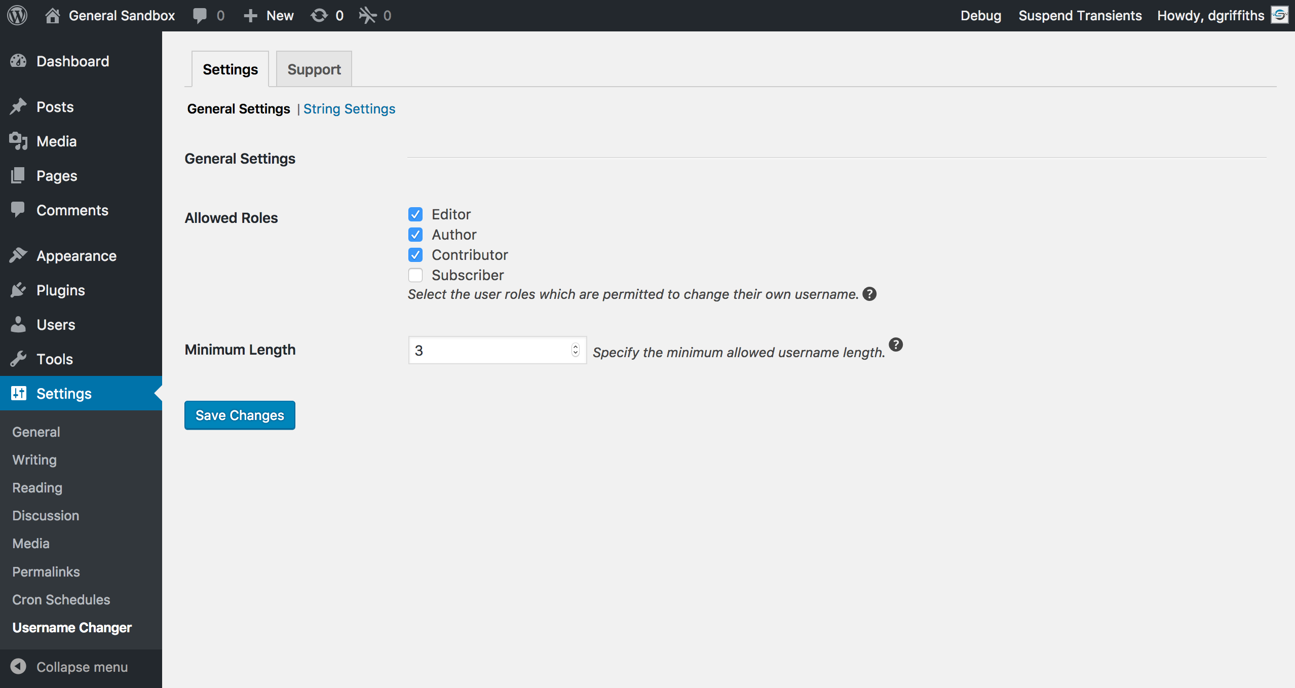 Settings Panel: The settings panel allows you to configure username rules and message strings.