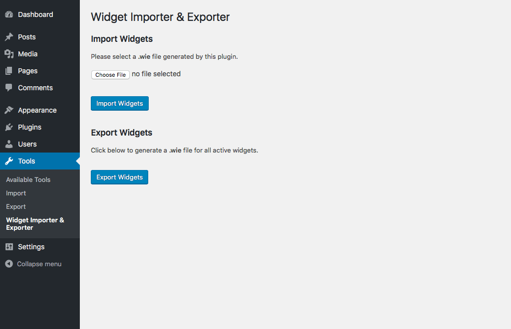 Main import/export screen