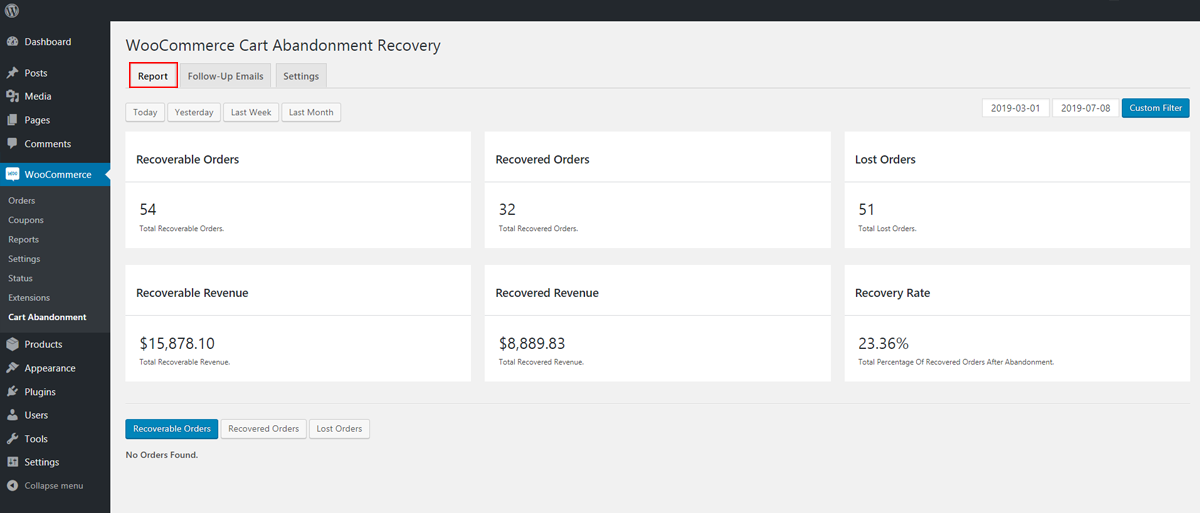 Track recovery report for abandonment sales from the dashboard