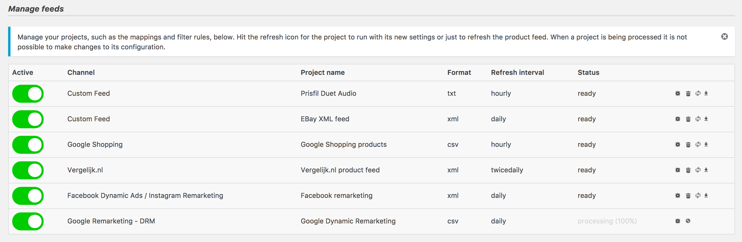 From within the manage feeds section you can control, (re)confige and activate or pause your product feed projects