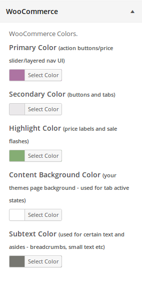 WooCommerce Colors on Customizer menu.