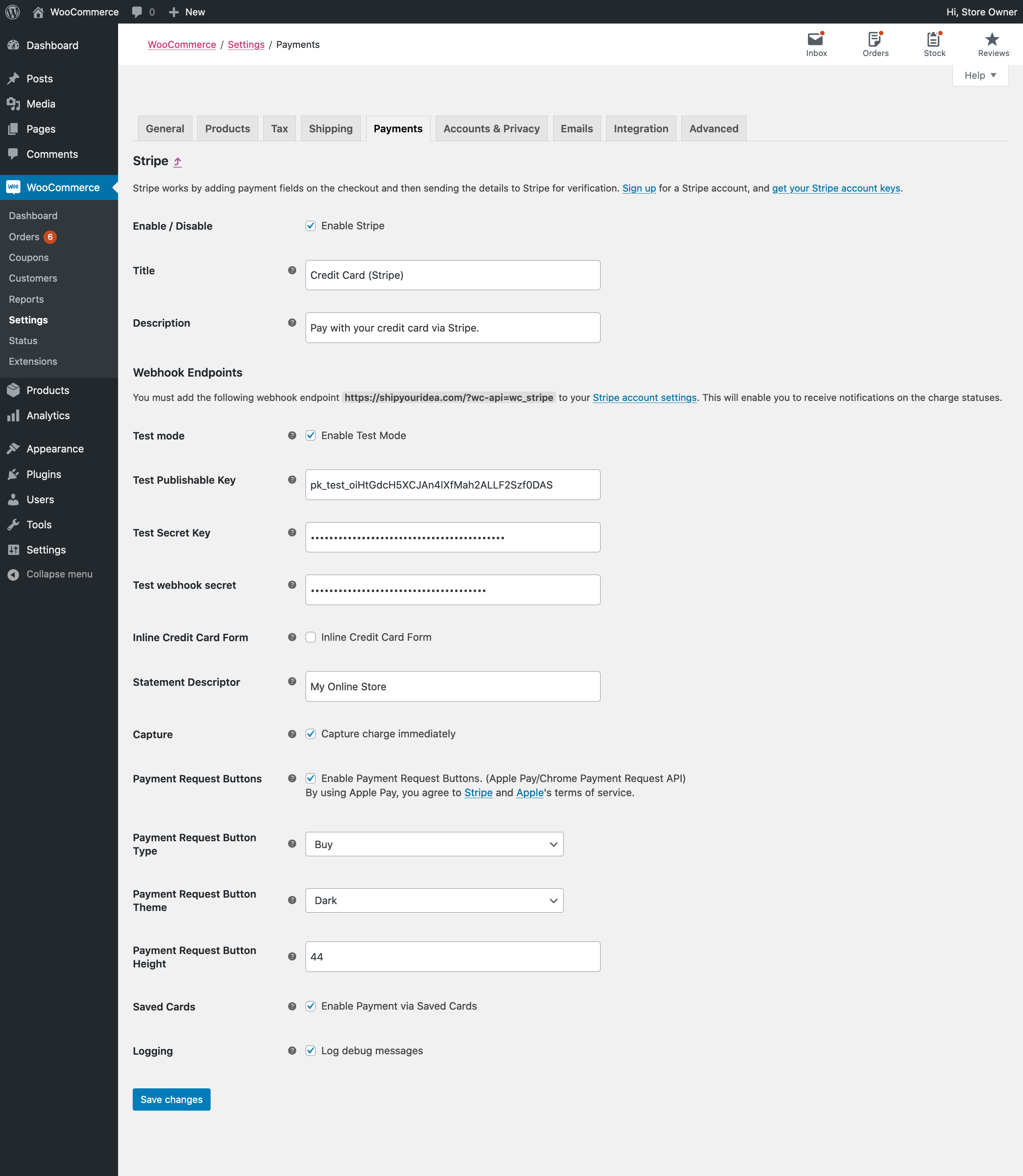 The Stripe payment gateway settings screen used to configure the main Stripe gateway.