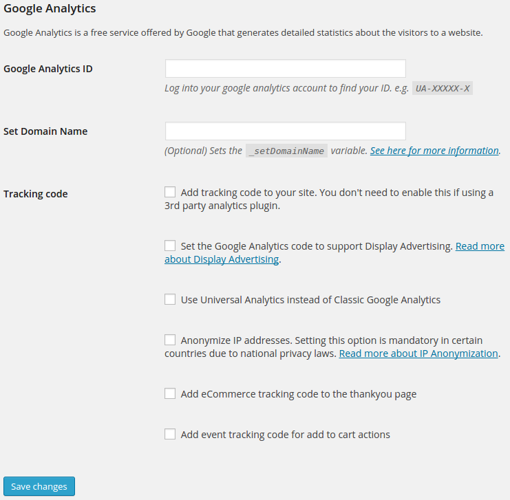 Google Analytics Integration Settings.