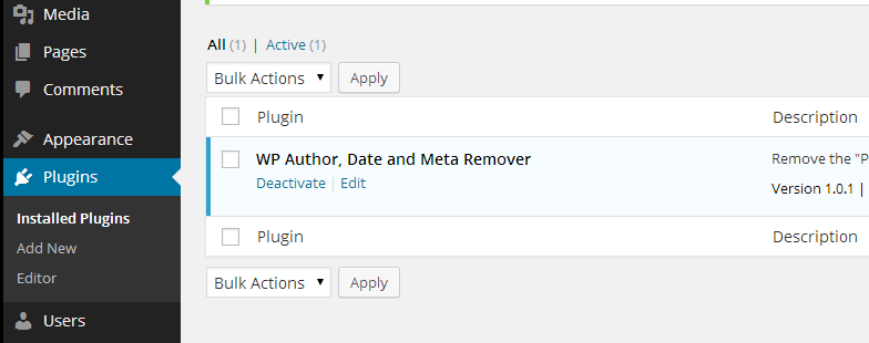 WP Author, Date and Meta Remover installed plugin.