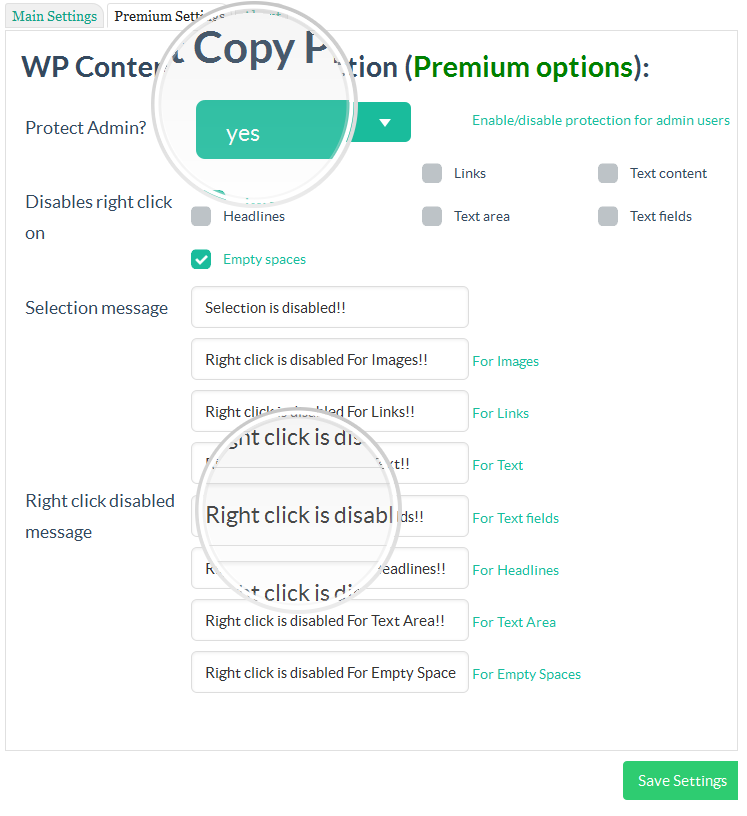 WP Content Copy Protection premium admin page