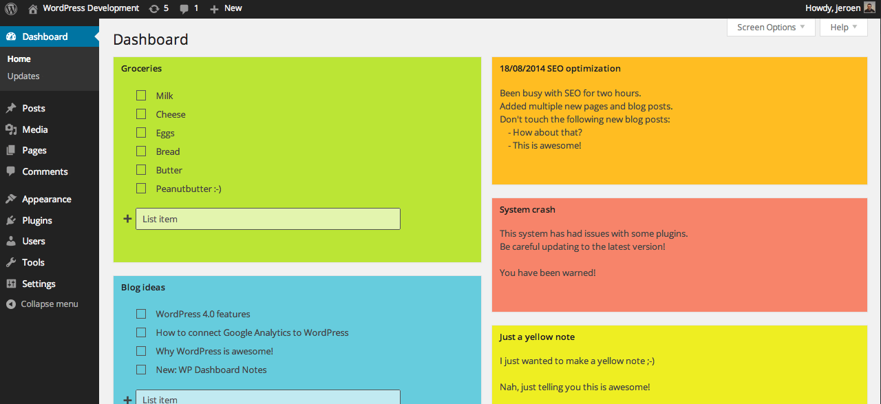 WordPress dashboard example