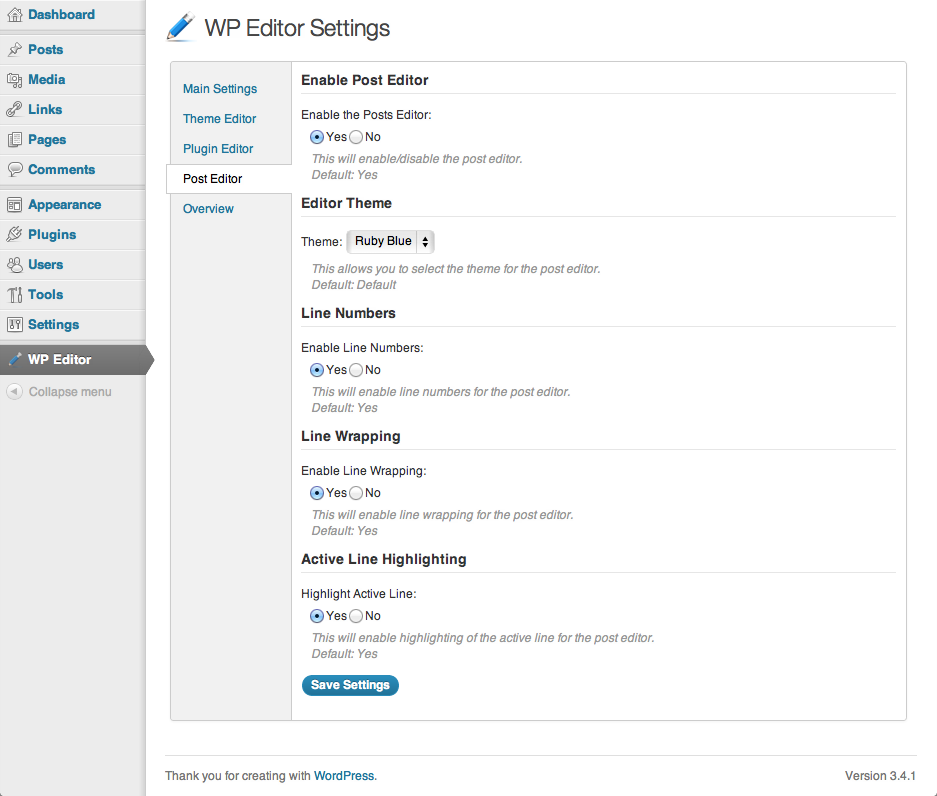 Settings page for WP Editor