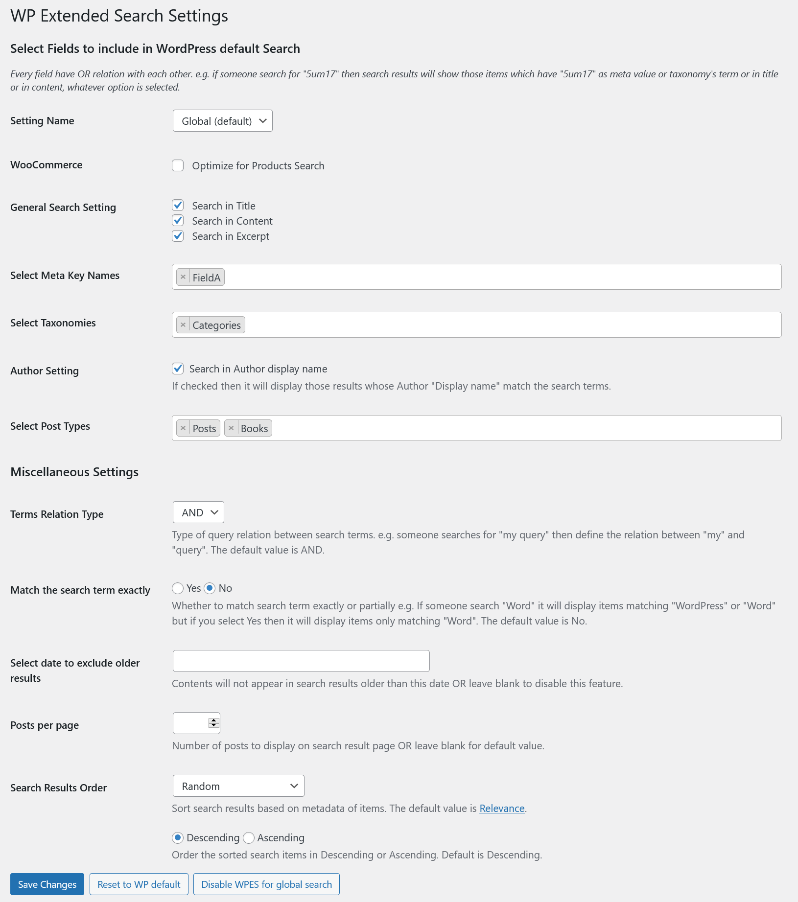WP Extented Search settings page
