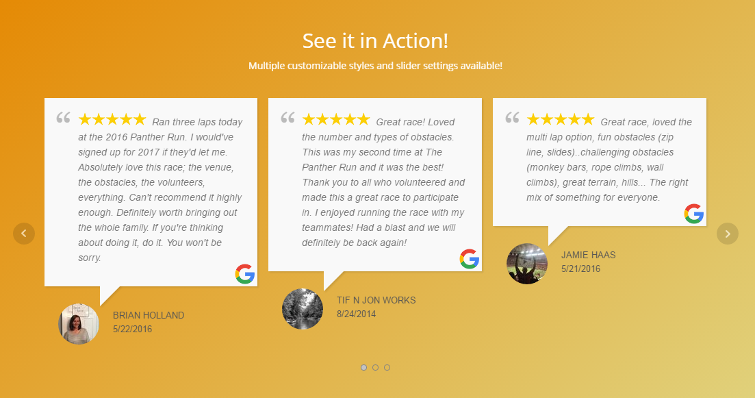 Create a beautiful review slider on your posts or pages! More styles available in Pro version.