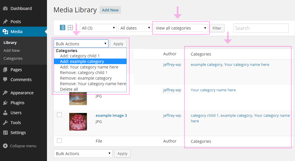 Filter by category in the media library. Use bulk actions to add and remove categories of multiple images at once.
