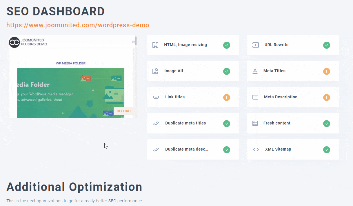 Main dashboard of the plugin with SEO optimization check