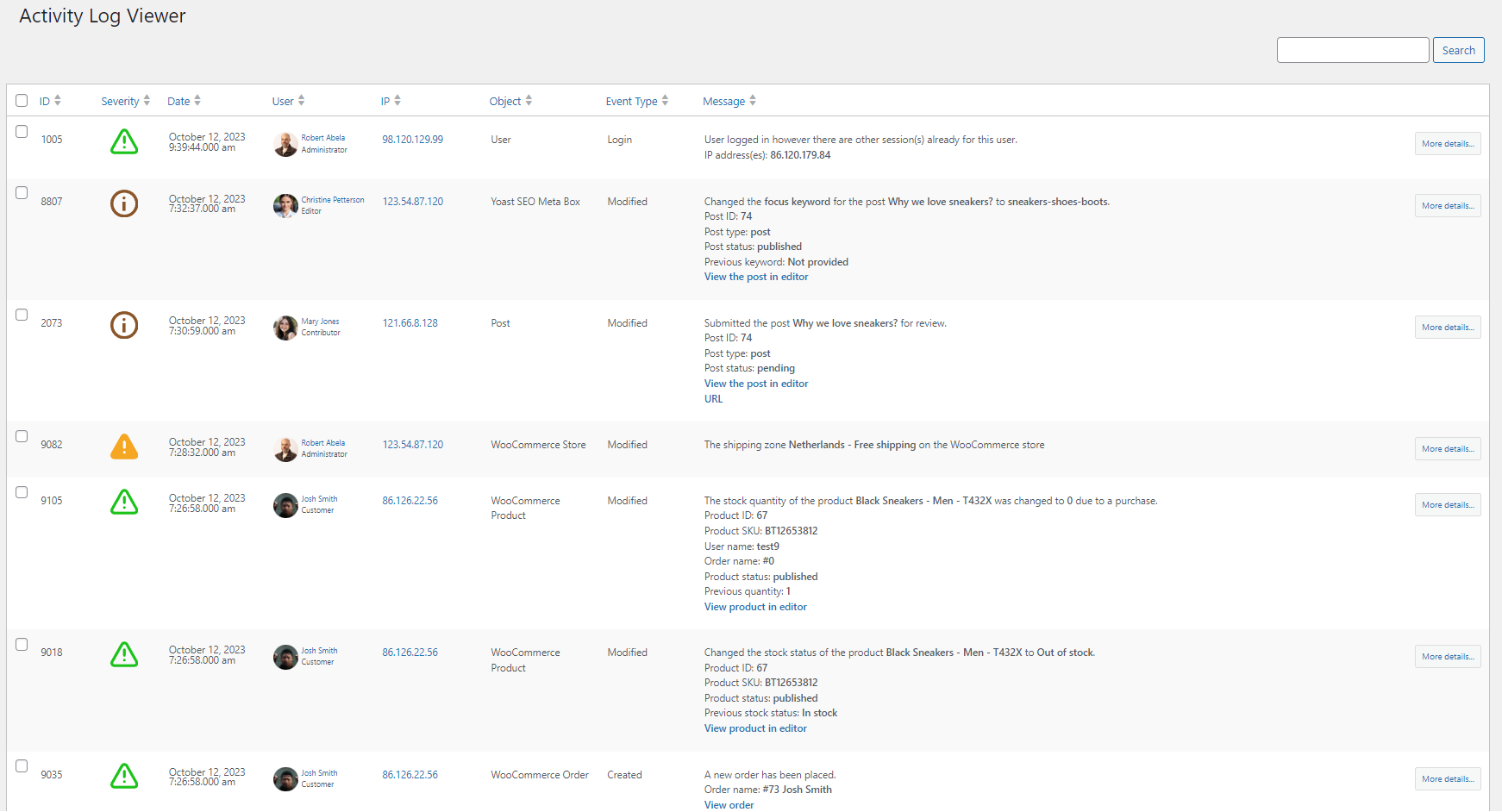 The WordPress activity logs from where the site administrator can see all the user and site changes.