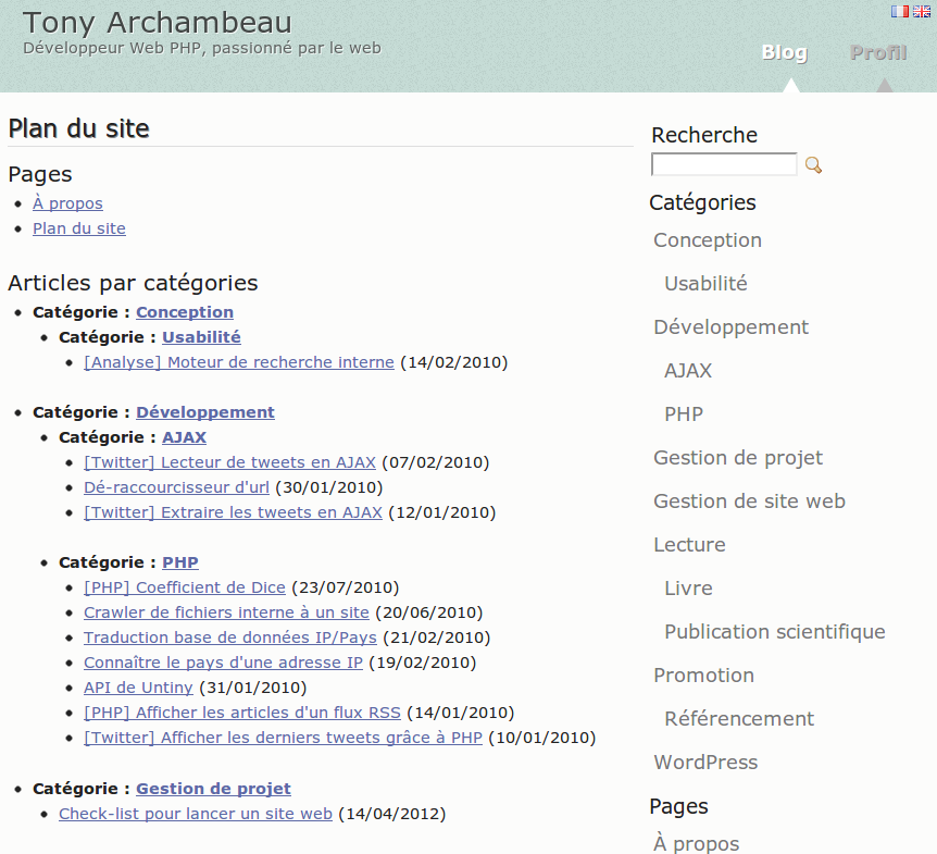 Example of a sitemap on a French blog