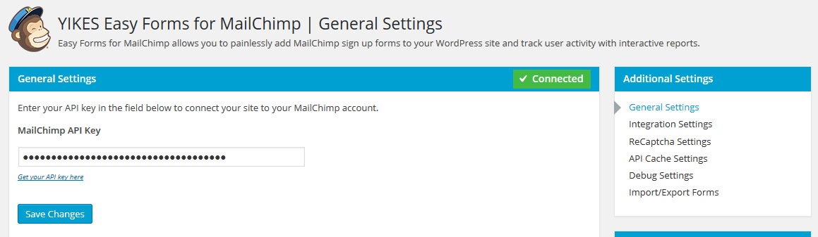 General Form Settings - Enter your API key to connect your site to your account