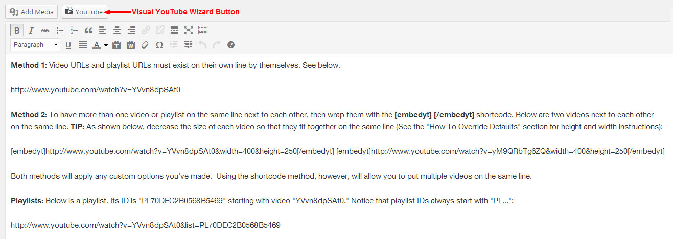 Embed Plus for YouTube WordPress Plugin Screenshot 1: Paste a YouTube link on its own line and it will become a YouTube embed on your website. Or, use the shortcode method.